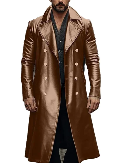 Windbreaker Faux Leather Trench Coat - Image 3