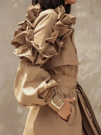 Lapel Lantern Sleeve Trench Coat - Image 3