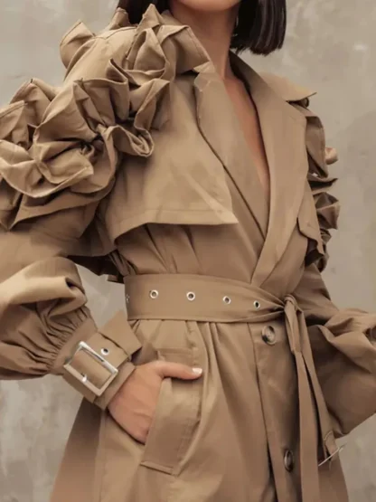 Lapel Lantern Sleeve Trench Coat - Image 2