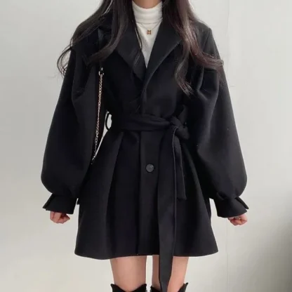 Turn-Down Collar Long Sleeve Trench Coat - Image 3